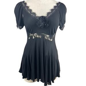 MONAHMOUR Black Jersey Babydoll Dress Sheer‎ Lace Womens (S) Puff Sleeve Goth